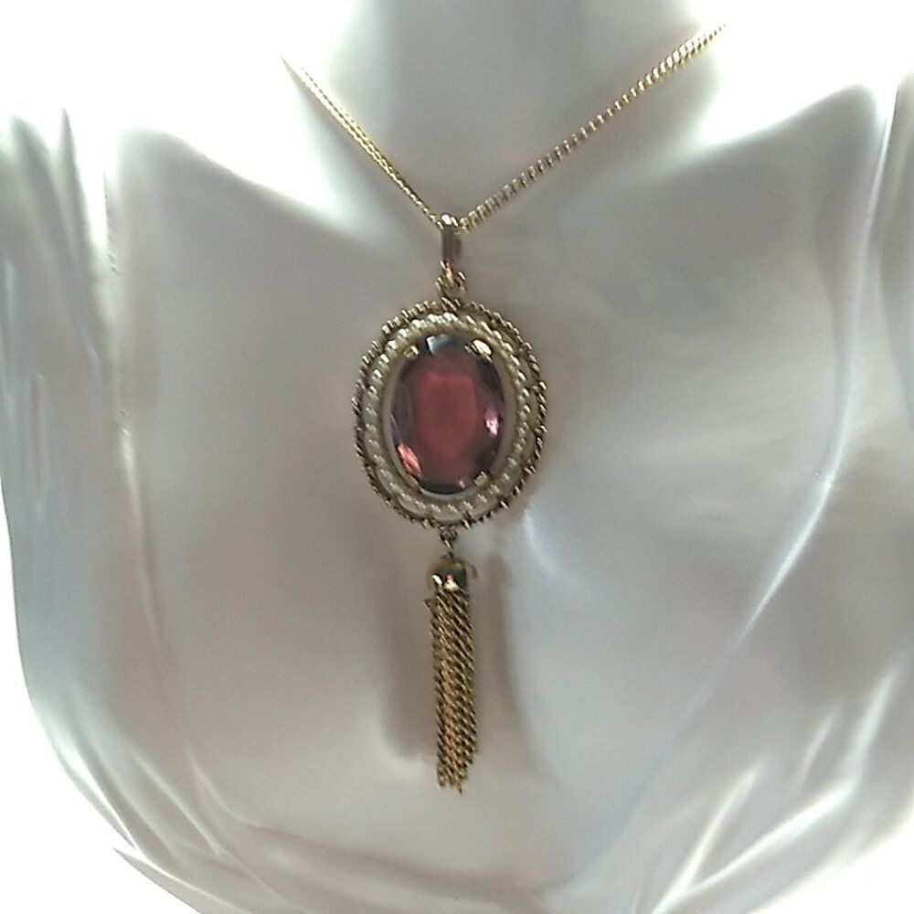 Vintage Avon Necklace Amethyst Crystal Faux Pearl Pendant Gold-tone Tassel Chain